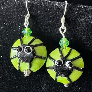 NEW! Spooky Glass Green Spider Earrings by Shanstones Bespoke Designs: Halloween